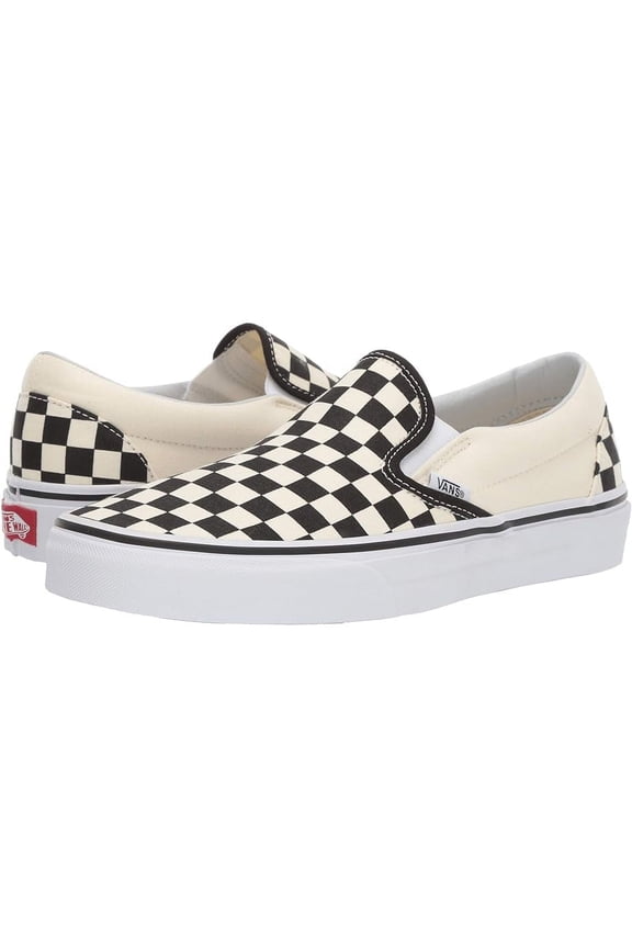 Unisex Classic Slip on Canvas Shoes - Black and White Checkerboard/White - 8 Women/6.5 Men