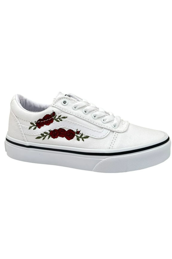 Youth Girl's Canvas Casual Shoes Size 1Y White-Red Rose Embroidery Lace up