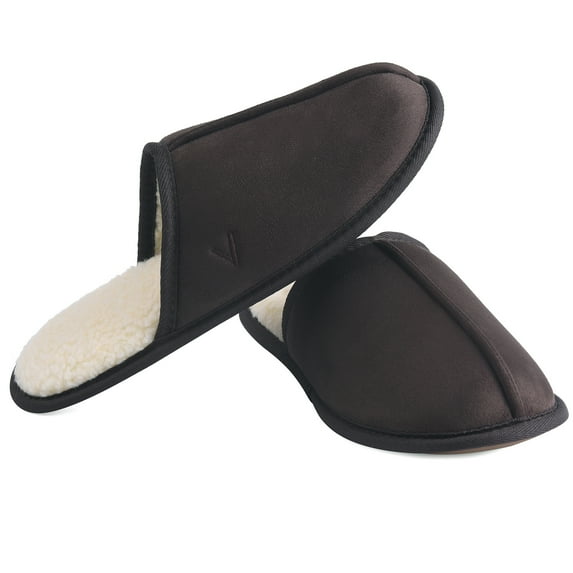 Vansarto Mens Comfy Suede Scuff Slippers Sherpa Lining Memory Foam Slip On House Shoes Non Skid Outsole