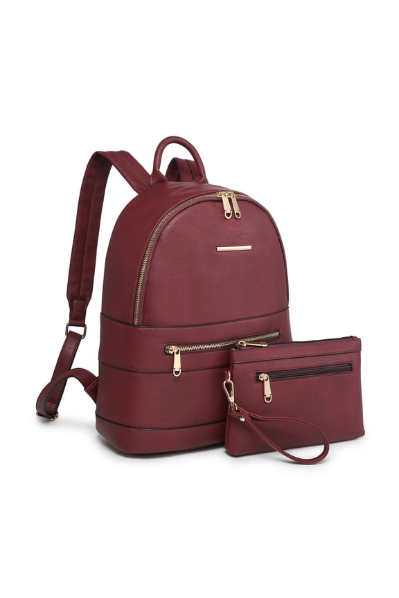 Women Fashion Zipper Medium Backpack Purse Faux Leather Backpack with Matching wristlet Ladies Travel Shoulder Bag Set 2Pcs