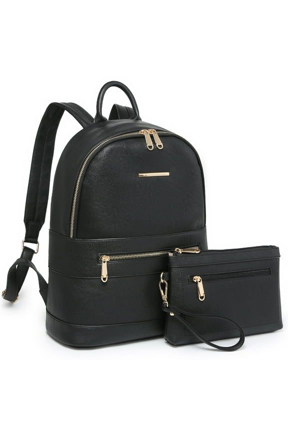 Women Fashion Zipper Medium Backpack Purse Faux Leather Backpack with Matching wristlet Ladies Travel Shoulder Bag Set 2Pcs