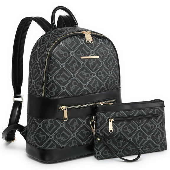 Vansarto Women Fashion Zipper Medium Backpack Purse Faux Leather Backpack with Matching wristlet Ladies Travel Shoulder Bag Set 2Pcs