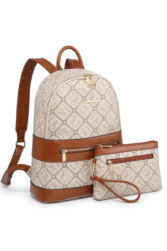 Women Fashion Zipper Medium Backpack Purse Faux Leather Backpack with Matching wristlet Ladies Travel Shoulder Bag Set 2Pcs