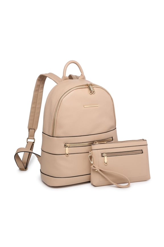 Women Fashion Zipper Medium Backpack Purse Faux Leather Backpack with Matching wristlet Ladies Travel Shoulder Bag Set 2Pcs