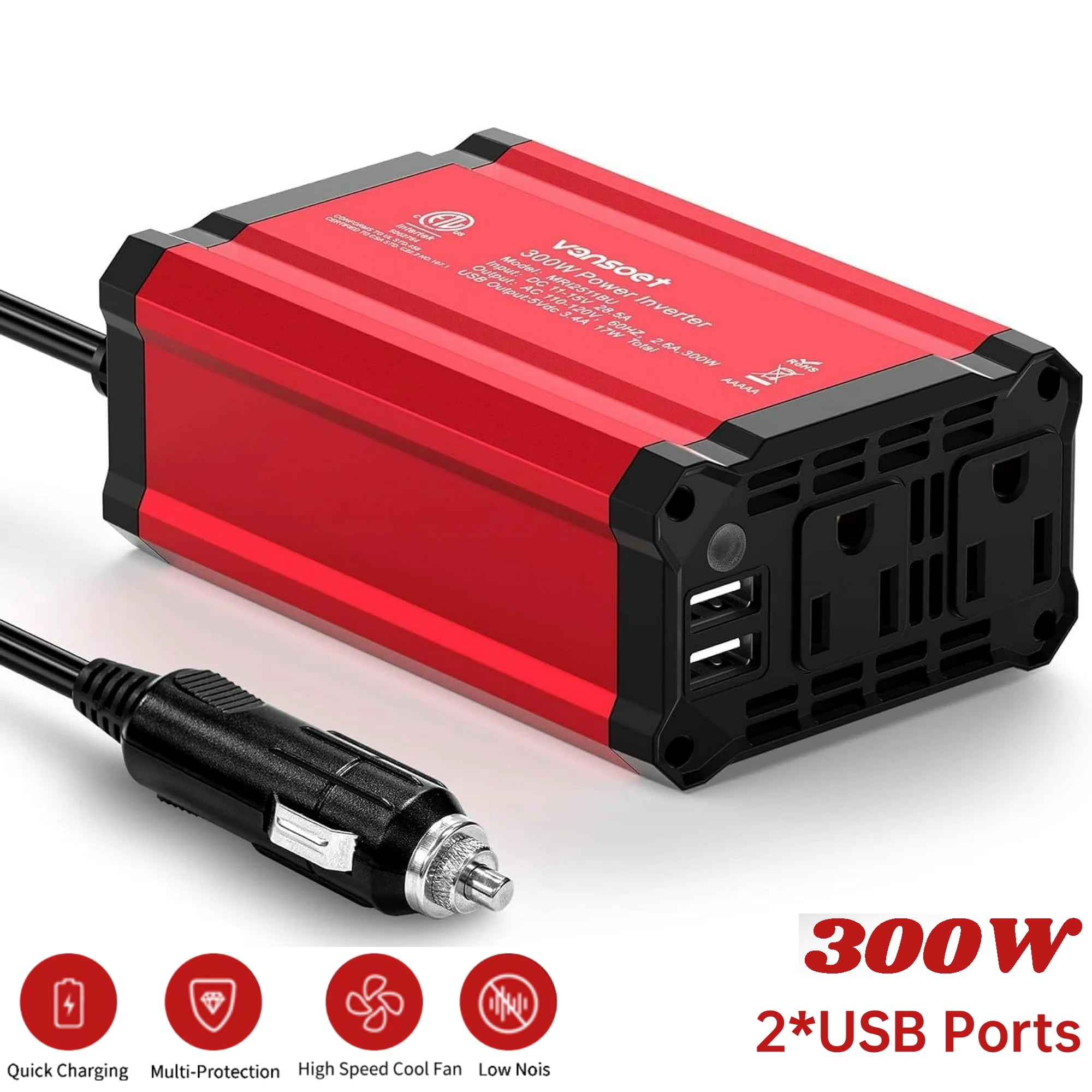 Vansoet 300W Power Inverters, DC 12V to AC 110V Car Inverter with 2 AC Outlets and 3.4A Dual USB Ports, Car Plug Adapter Outlet Converter for Laptop, Phones, Camera