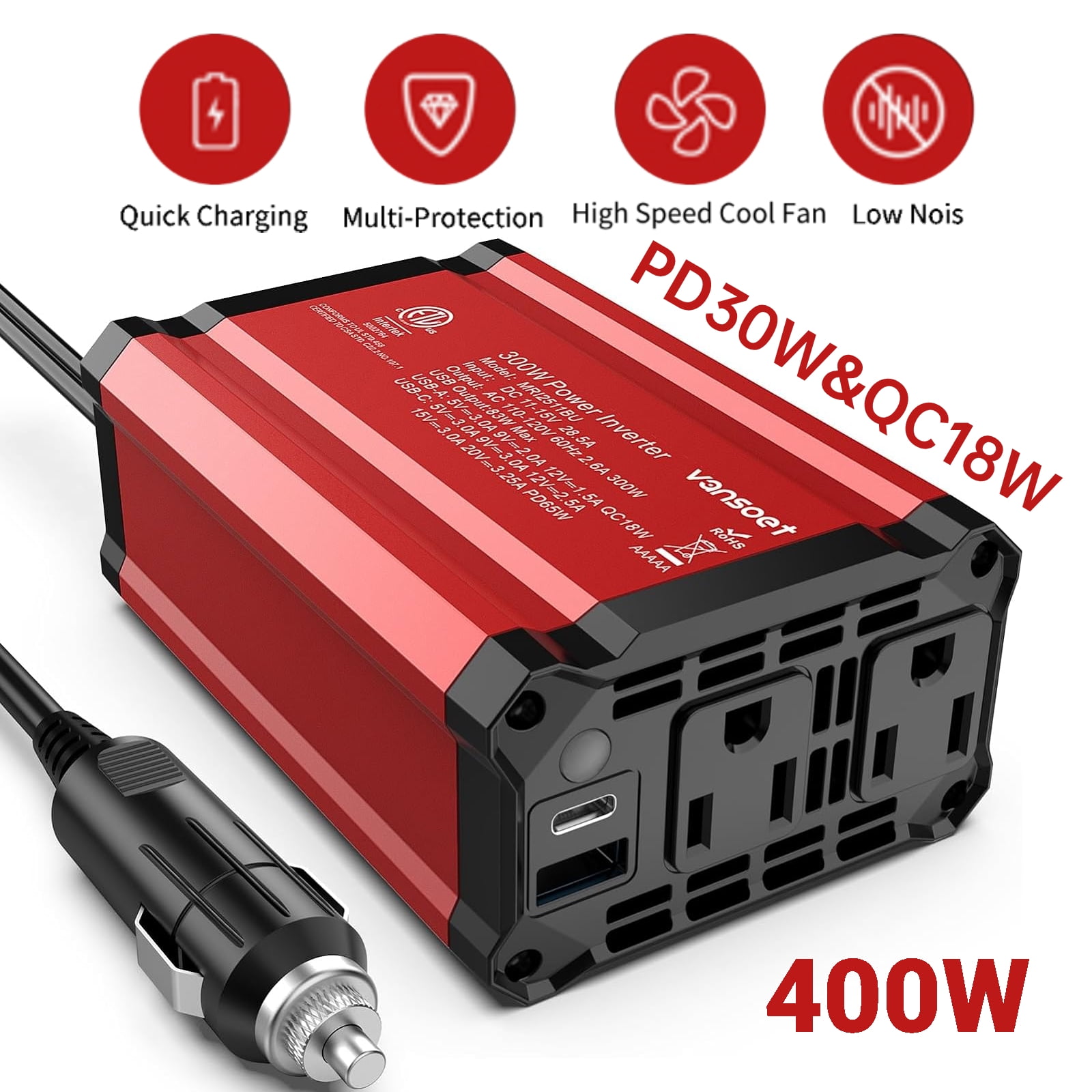 Vansoet 400W Power Inverters, DC 12V to AC 110V Car Inverter with Fast ...