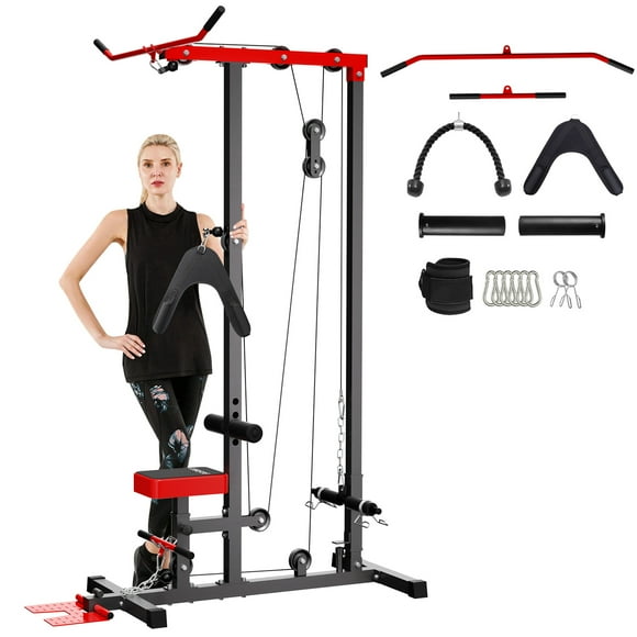 Vanswe Lat Pulldown and Low Row Cable Machine, Adjustable, Plate Loaded with Foot Rest, Multicolor