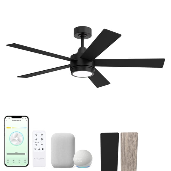 Vantage 52in 5-Blade Smart Ceiling Fan 2700K-6000K CCT Tunable Range LED Light Kit in Black Hardware with Reversible Weathered Wood or Black Blades Works With iOS or Android App