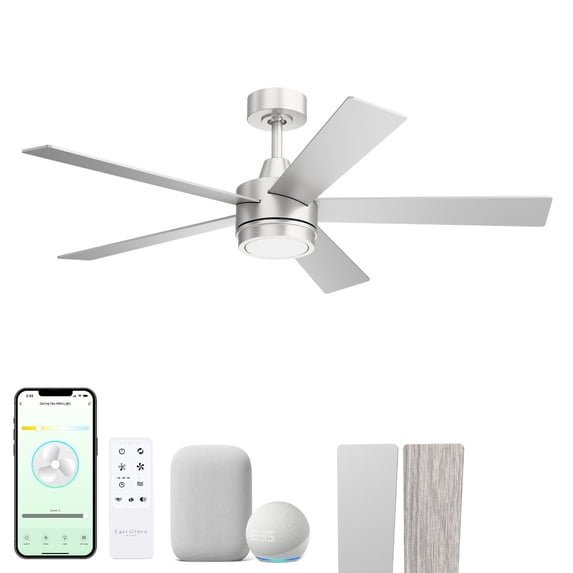 Vantage 52in 5-Blade Smart Ceiling Fan 2700K-6000K CCT Tunable Range LED Light Kit in Brushed Nickel Hardware with Reversible Weathered Wood or Titanium Blades Works With iOS or Android App