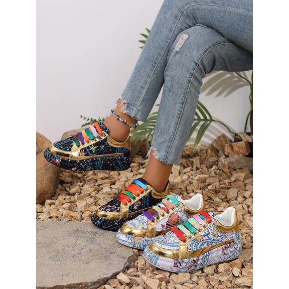 Vantalaria Fashion Rhinestone Embellished Upper Sneakers Women Casual Shiny Shoes Comfort Bling Thick Sole Walking Shoes for Women