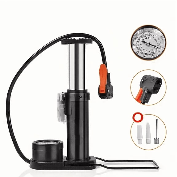 Vantana Foot-Pump High-Pressure Inflator with Gauge for E-Bikes Bicycles Motorcycles Cars, Portable Use with Hose, Black