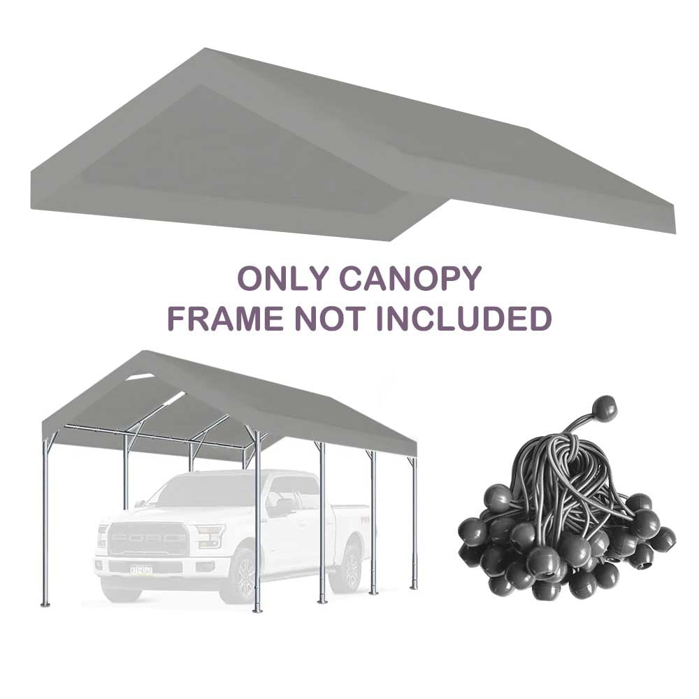 Vanteriam 10'x20' Carport Canopy Replacement Top Cover for Car Garage Shelter Party Tent with Ball Bungees Gray (Only Top Cover, Frame is not Included)