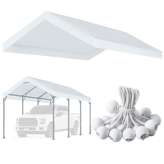 Vanteriam 10'x20' Carport Canopy Replacement Top Cover for Car Garage Shelter Party Tent with Ball Bungees White (Only Top Cover, Frame is not Included)