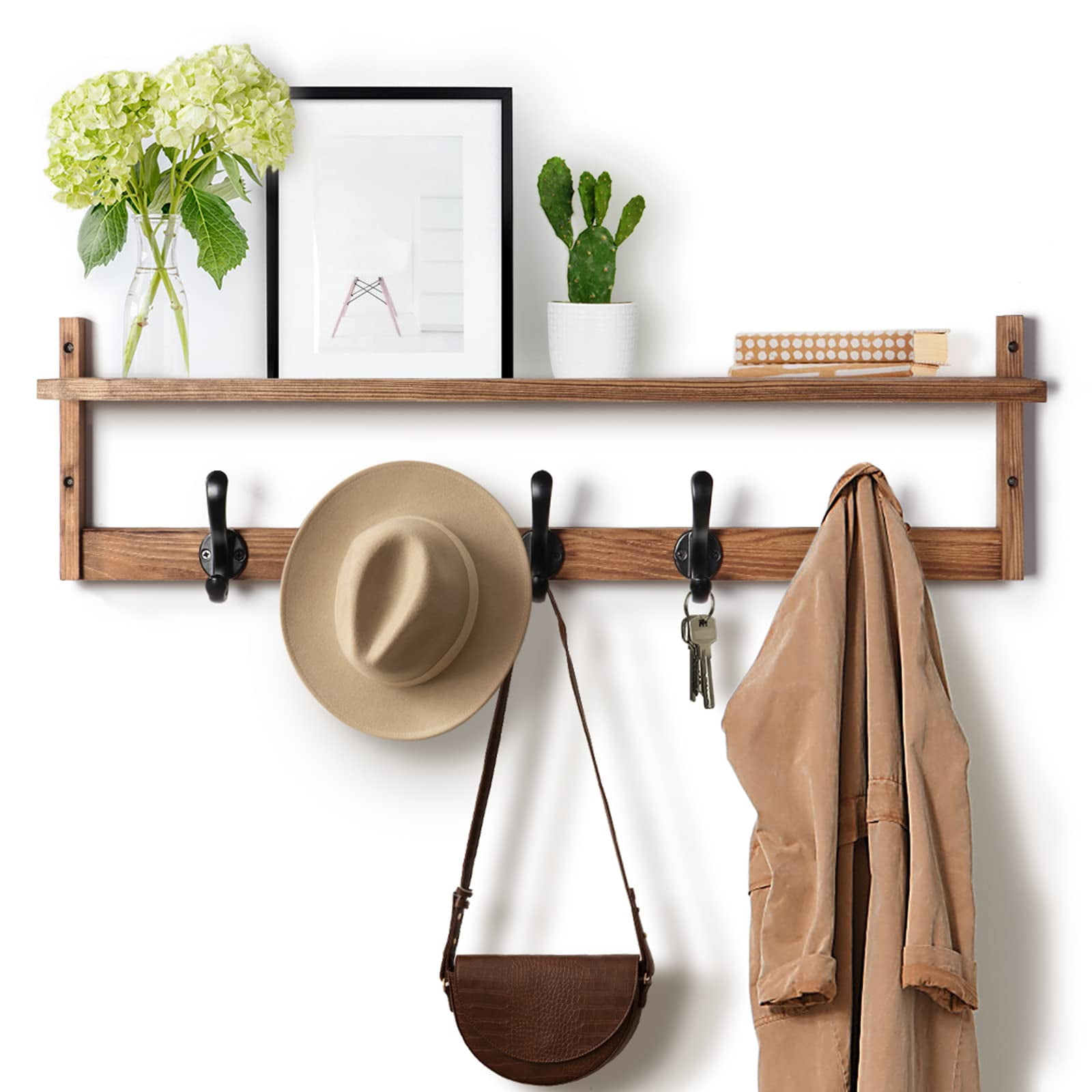 Vantic 29'' Coat Rack Wall Mount with Shelf, Wood Wall Hooks with Storage, Entryway Shelf with 5 Hangers for Bathroom, Living Room, Bedroom, Rustic Brown