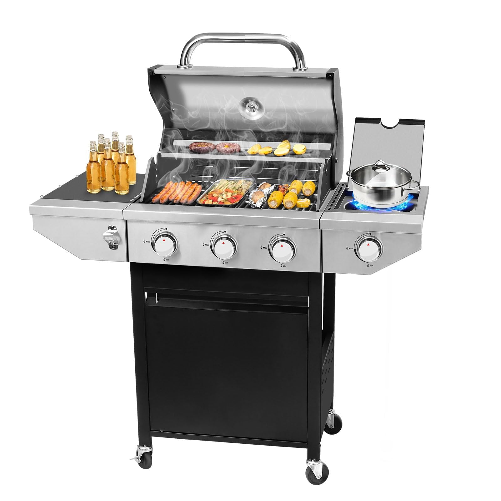 Vantic 3-Burner Propane Gas BBQ Grill with Side Burner & Porcelain-Enameled Cast Iron Grates Built-in Thermometer, 37,000 BTU Outdoor Cooking, Patio, Garden Barbecue Grill, Black and Silver