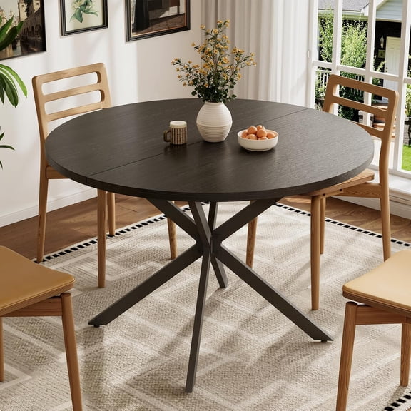 Vantic 47" Round Dining Table for 4, Modern Wood Kitchen Table for Small Space, Circle Dining Table with Metal Base for Kitchen & Living Room, Black