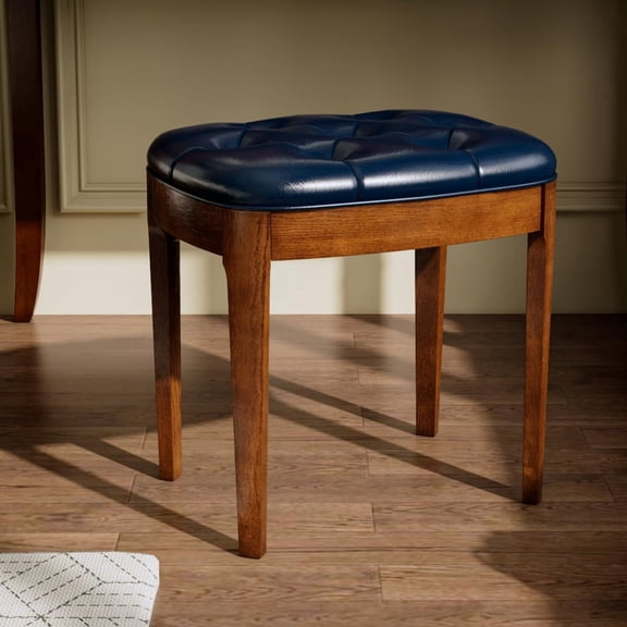 Vantity Bench Stool with Upholstered, Elegant Modern Bed Stool, Makeup Dressing Bench,Versatile for Dining, Living Room, 19.3X 14.919.3, Easy Assembly Beeswax Leg & Blue Seat FD-HNY-BL