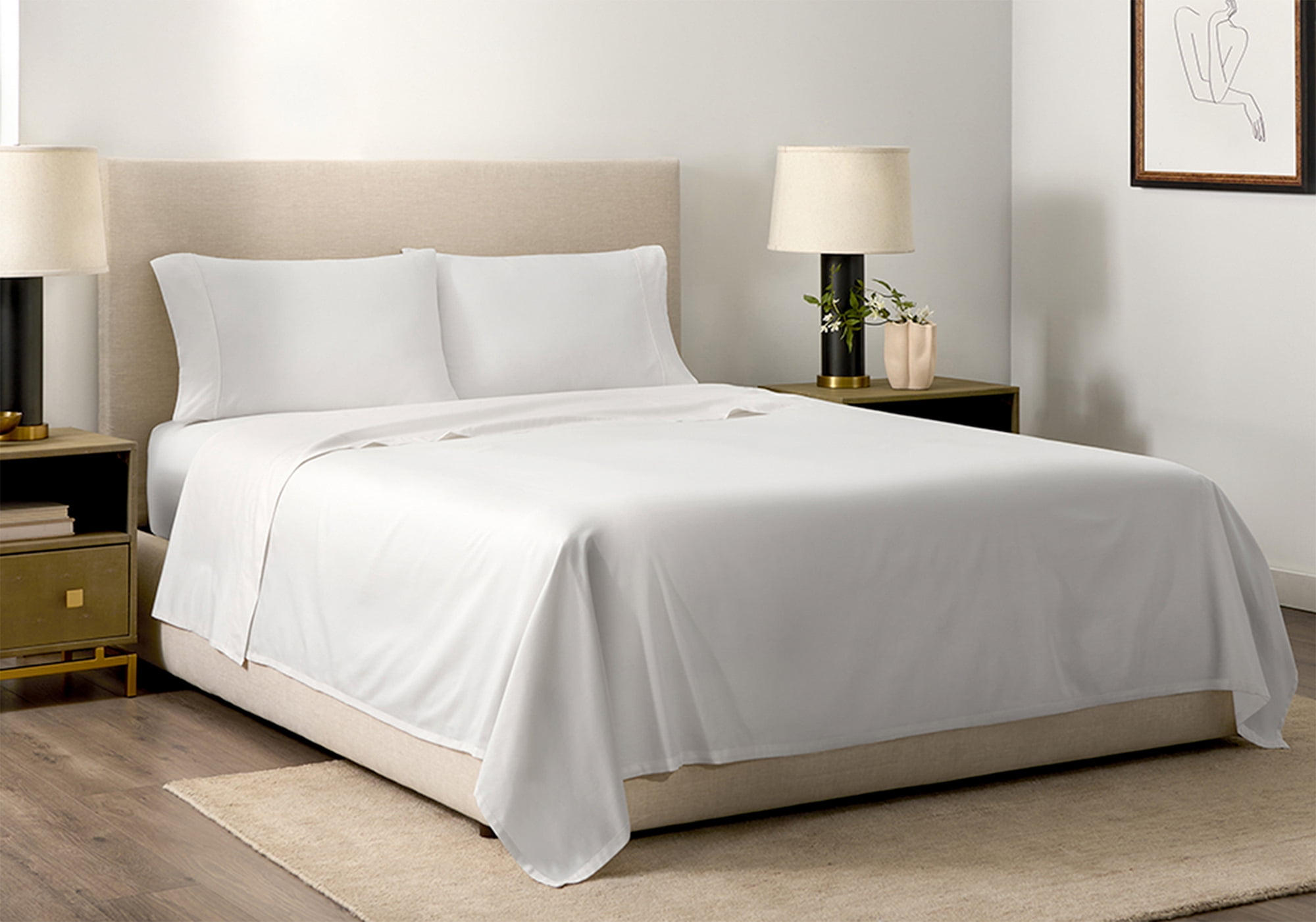 Vantona 100% Cotton, 300 thread Count, Sateen Woven Deep Pocket 4-Piece Sheet Set Queen Size - White
