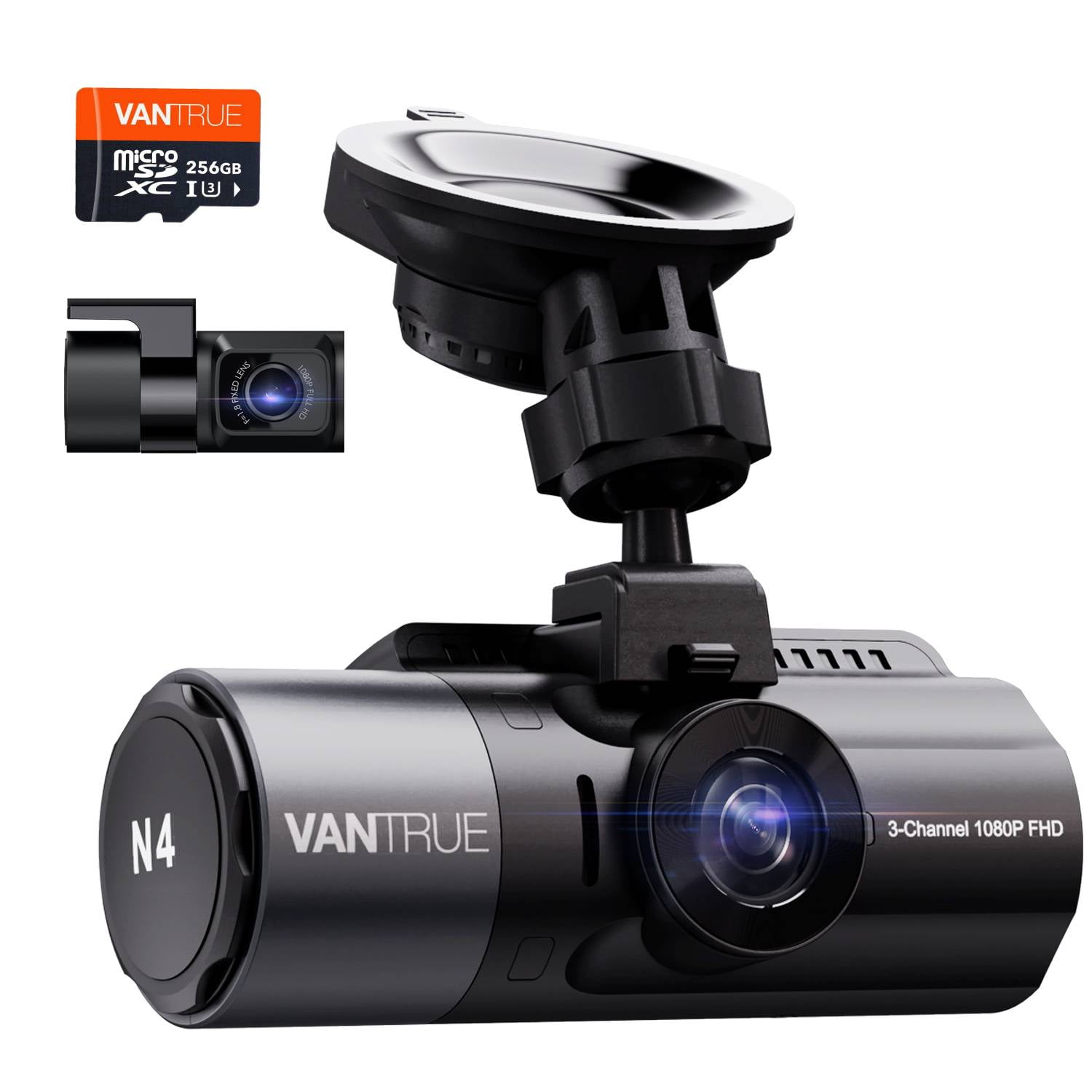 Vantrue 256GB card included) Vantrue 3 Channel 4K Dash Cam, 4K+1080P Front  and Rear, 4K+1080P Front and Inside, 1440P+1080P+1080P 3 Way Triple Car  Camera, IR Night Vision, 24 Hour Parking Mode 