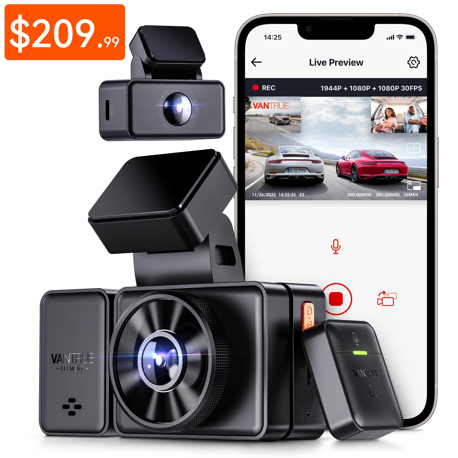 Vantrue 3 Channel 2.5K WiFi Dash Cam Front and Rear Inside, 3 Way Triple  GPS Dash Camera 1944P+1080P+1080P with STARVIS IR Night Vision, Voice