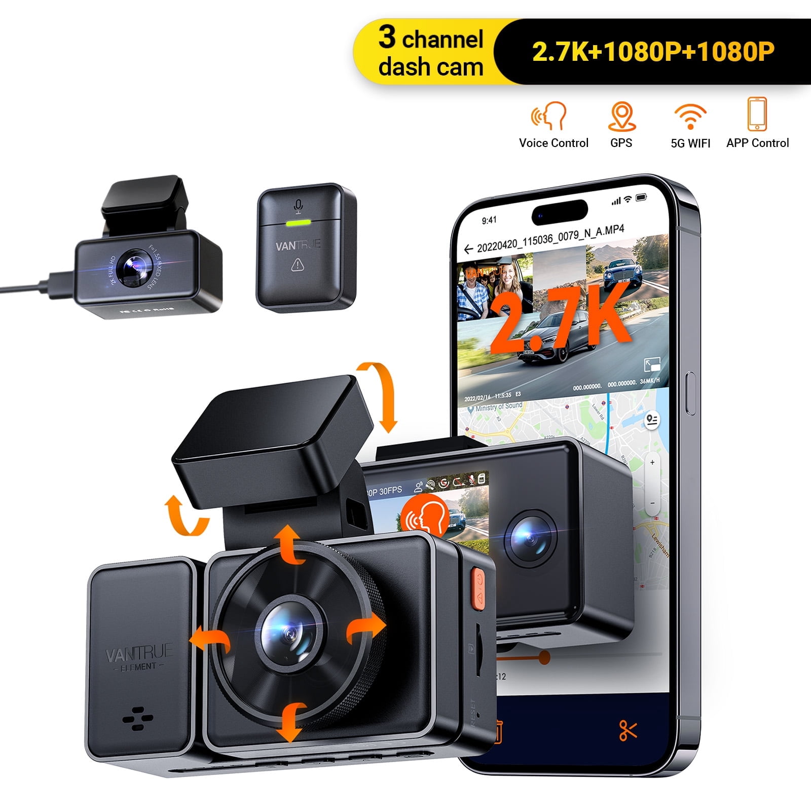 Vantrue E3 3 Channel 2.7K WiFi Dash Cam Front and Rear Inside, GPS Dash Camera 1944P+1080P+1080P with STARVIS IR Night Vision, Support 512GB Max