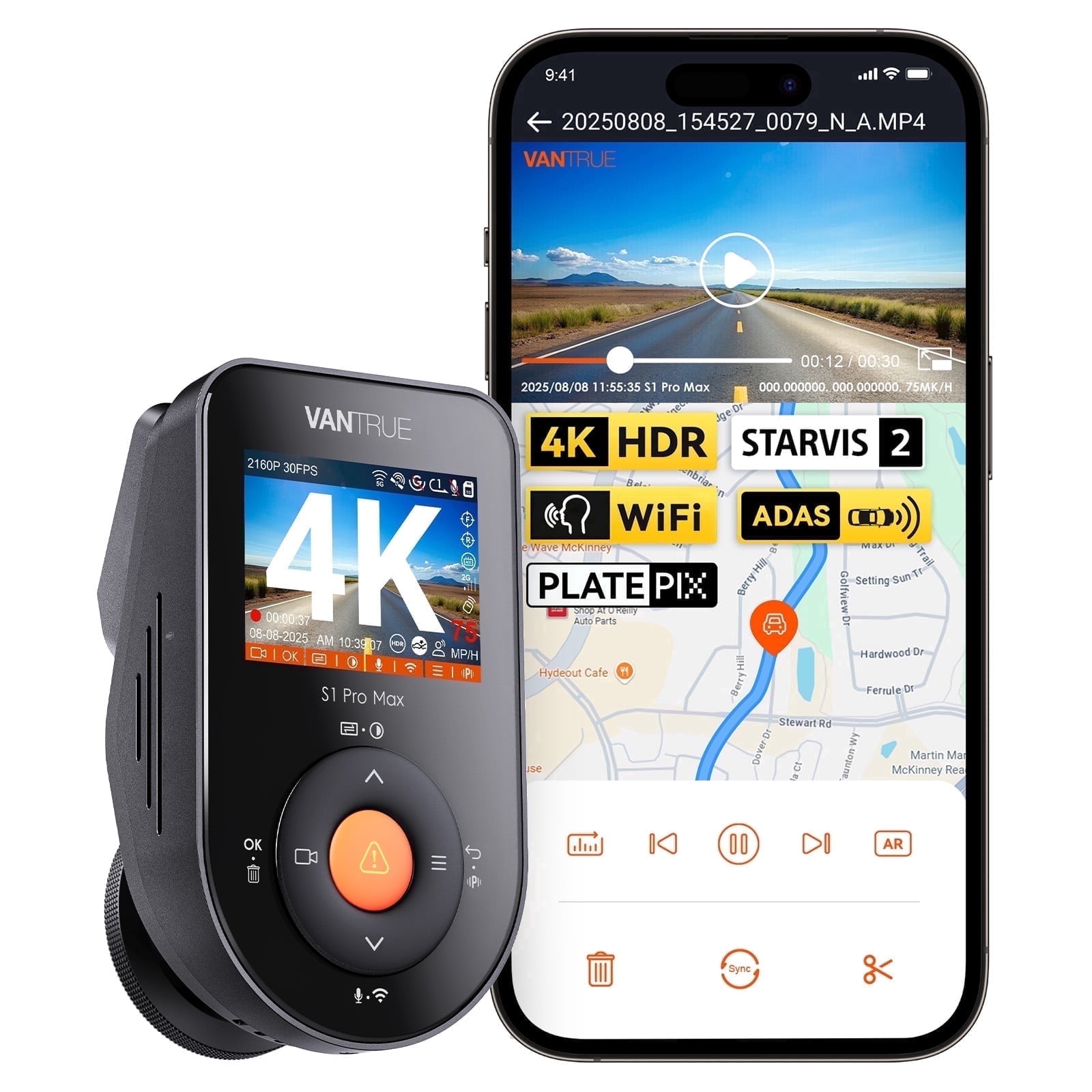 Vantrue AI 4K Dash Cam ADAS ,STARVIS 2, Front Dash Cam,HDR Dashcam, PlatePix Night Vision, 5G WiFi, Voice Control, GPS, 24H Buffered Parking Mode, 1TB Max