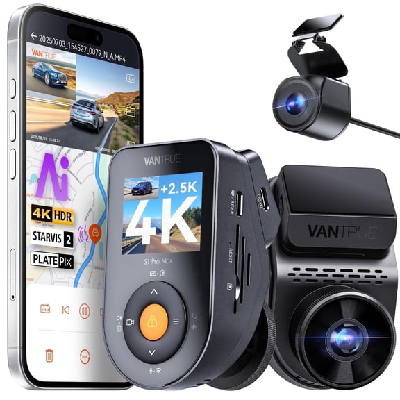 Vantrue AI Dash Cam 4K+2.5K w/ADAS & BSD, Dual STARVIS 2 Front and Rear, 2 Channel HDR Dashcam, PlatePix Night Vision, 5G WiFi, Voice Control, GPS, 24H Buffered Parking Mode, 1TB Max