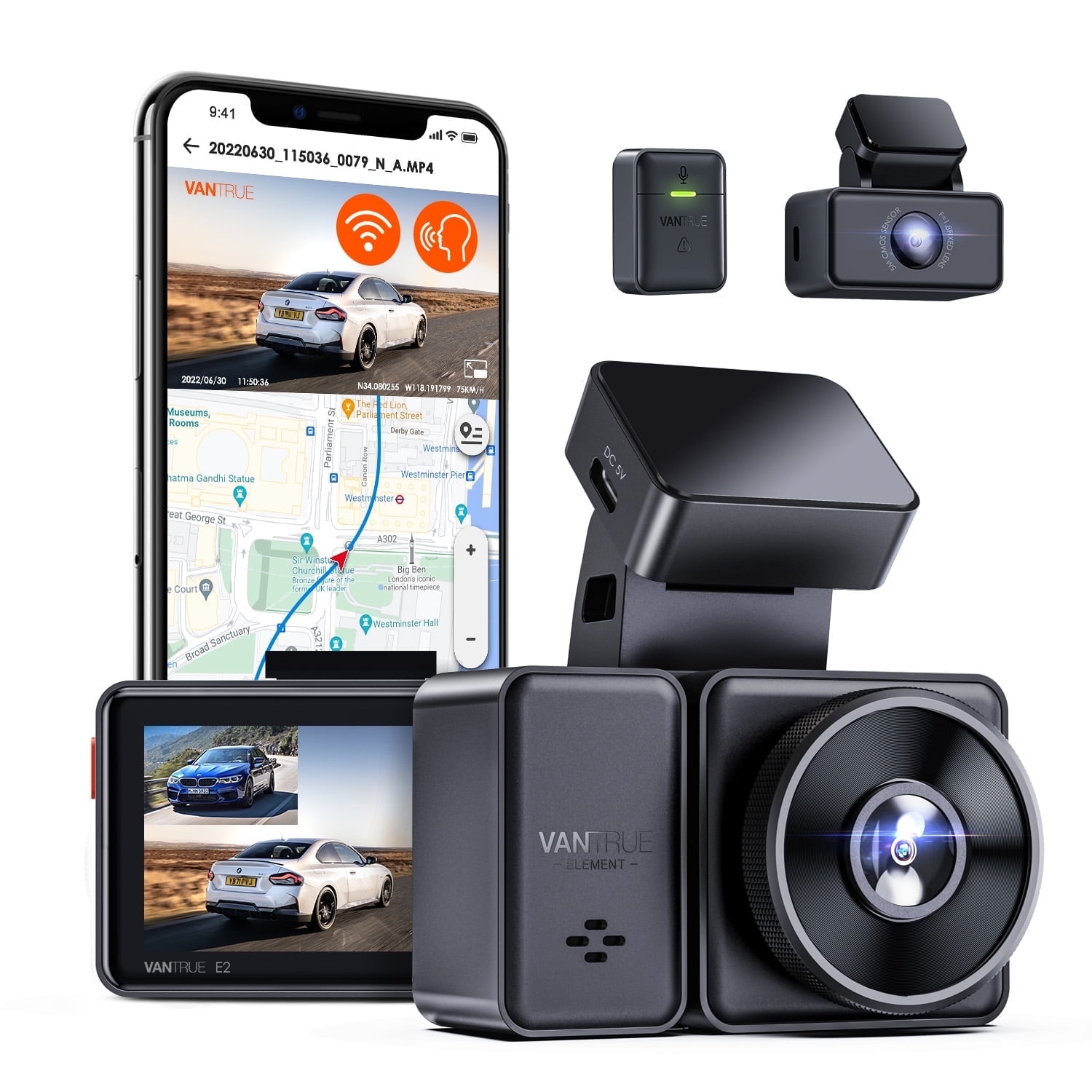 Vantrue Element 2 2.7K Dual Dash Cam Front and Rear, Voice Control, WiFi, GPS, Night Vision, 24H Parking Mode,Support 512GB