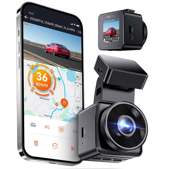 Vantrue GPS WiFi Mini Dash Cam,1080P HDR Car Camera with Free App & Voice Control, 24/7 Parking Mode, G-Sensor,Super Night Vision, Motion Detection, Loop Recording, Supports 512GB Max
