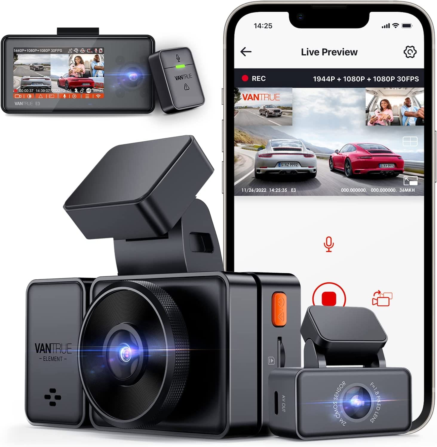 Vantrue E3 2.5K 3 Channel WiFi Dash Cam 1944P+1080P+1080P Front and Rear  Inside 3 Way GPS Dash Camera for Car Voice Control IR Night Vision 24 Hrs