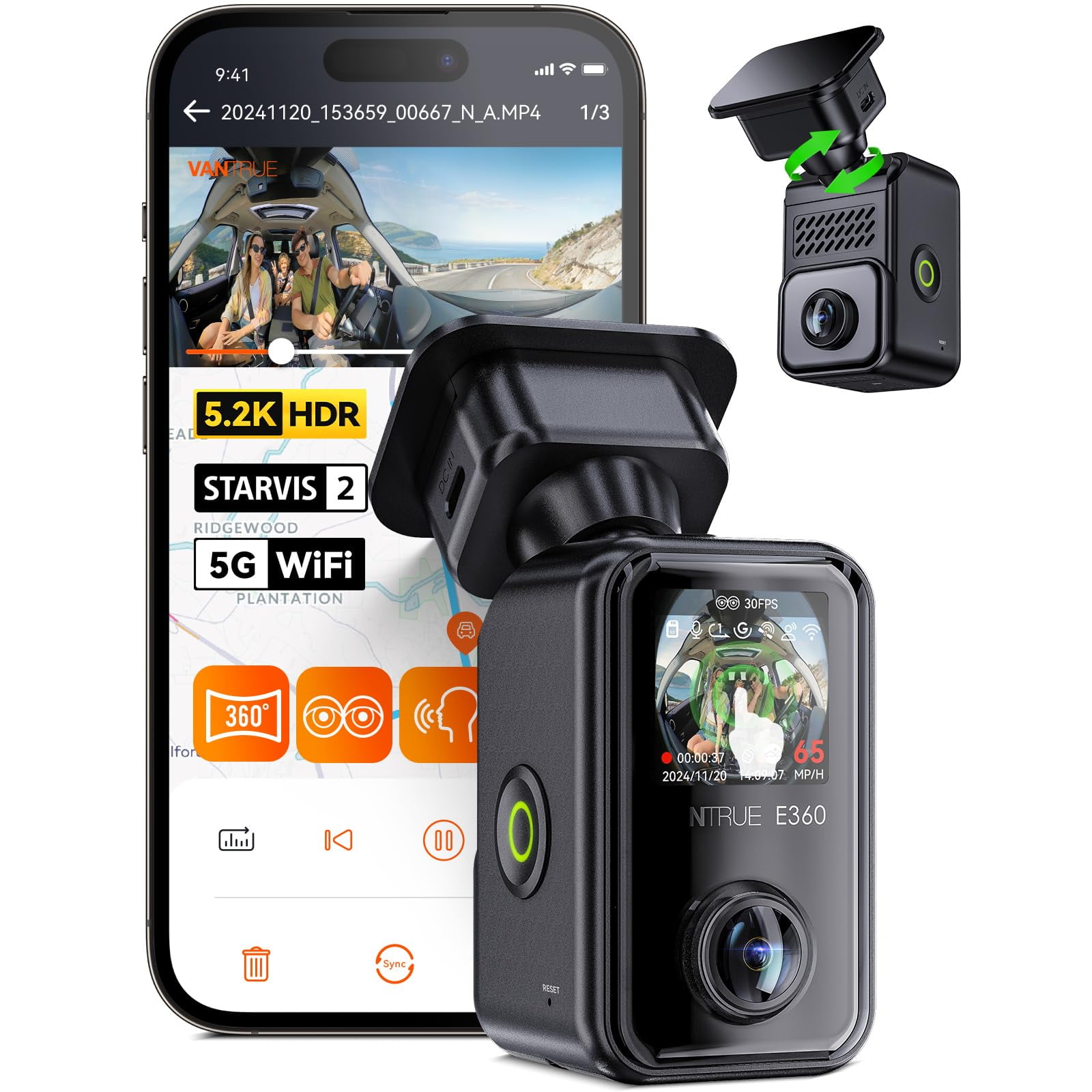 Vantrue E360 5.2K 360 Panoramic Dash Cam, 5GHz WiFi&GPS, Dual STARVIS 2, HDR,8 IR Night Vision, Front and Inside Dash Camera, Voice Control, Touchscreen, 24/7 Buffered Parking Mode