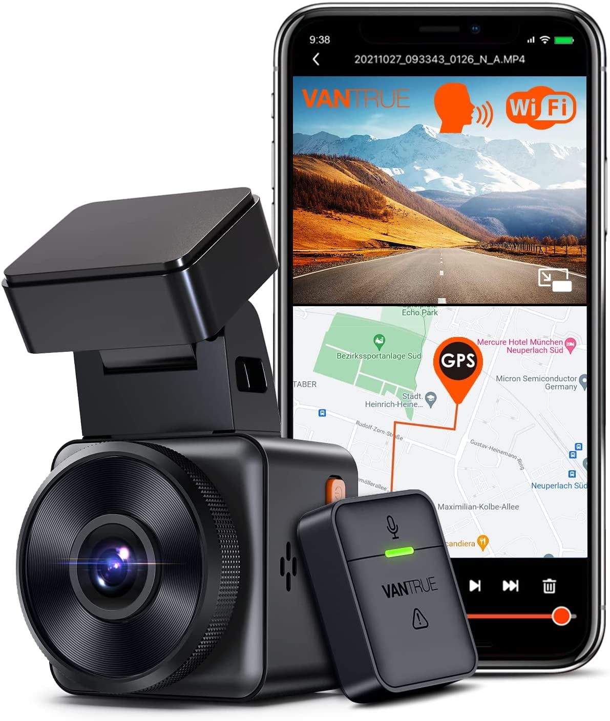 Vantrue 2.5K WiFi Mini Dash Cam with GPS and Speed, Voice Control
