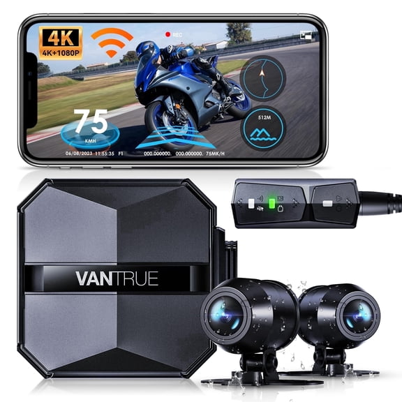Vantrue WiFi Motorcycle 4K Dash Cam Front and Rear, 4K Motorcycle Dash Camera,Full Body IP67 Waterproof, GPS,160 Wide Angle,Night Vision,G-Sensor,Parking Mode,Support 512GB for Record Moto Travel