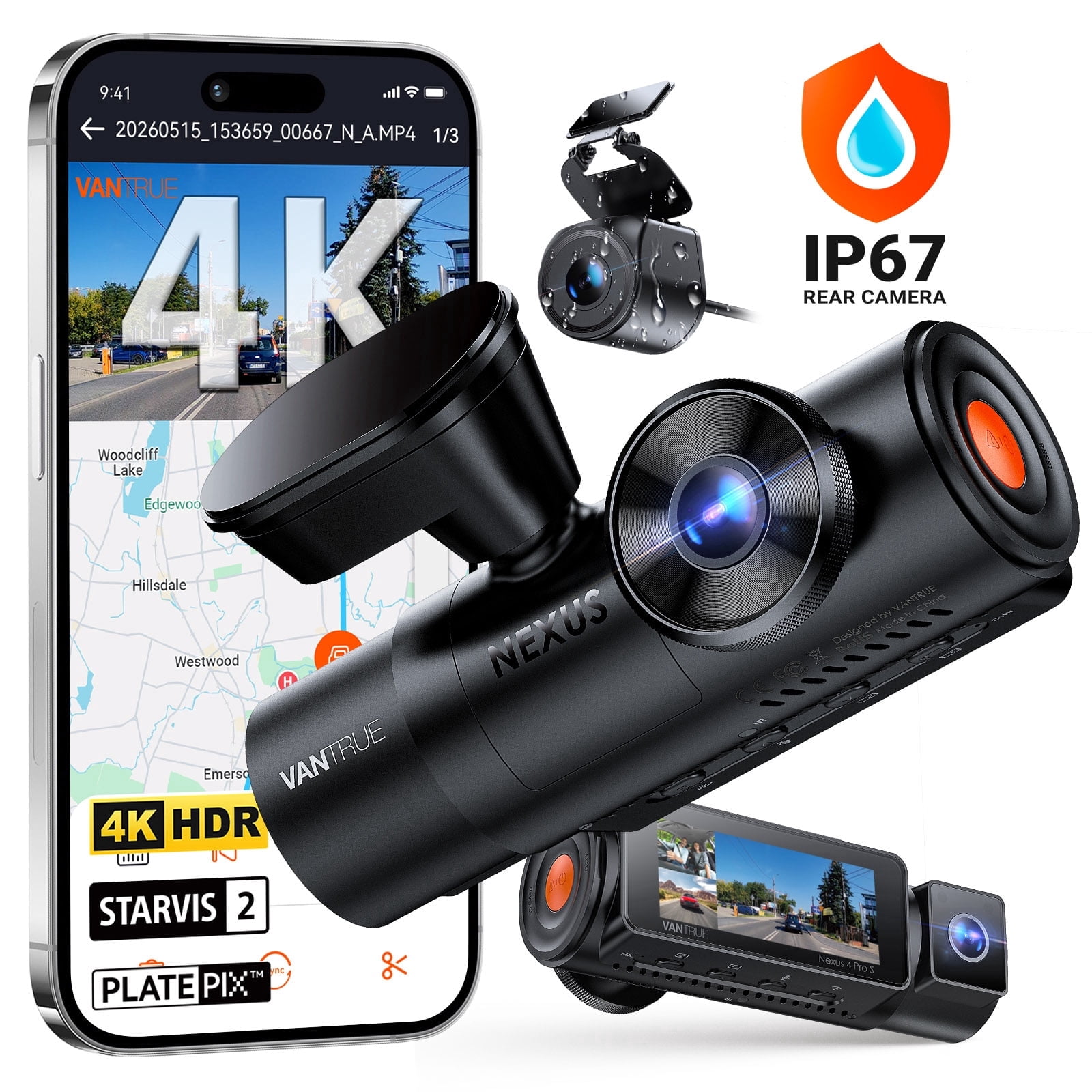Vantrue N4 Pro (S-RC09) 4K 3 Channel Dash Cam, 4K+1080P+2.5K Front Inside Rear, STARVIS 2, IR Night Vision, GPS, Wi-Fi, 24H Parking Mode