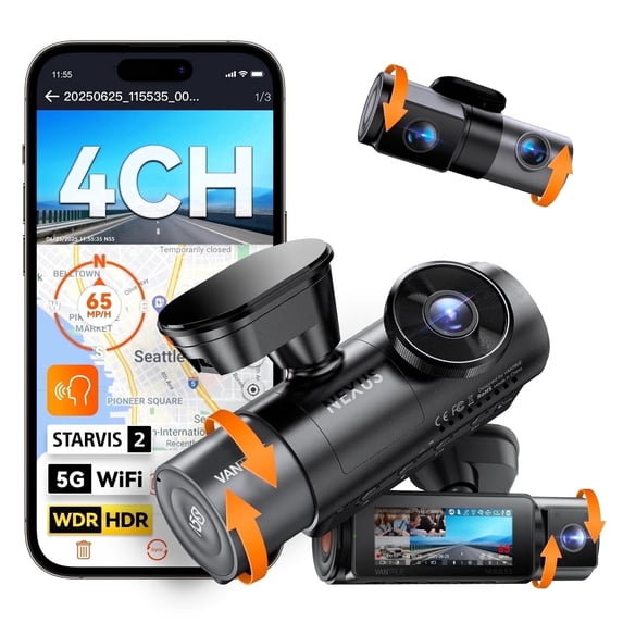 Vantrue 4 Channel 360 Degree 2.7K Dash Cam, 4CH STARVIS 2 Night Vision, 24/7 Buffered Parking Mode, WiFi, Voice Control, Dual GPS