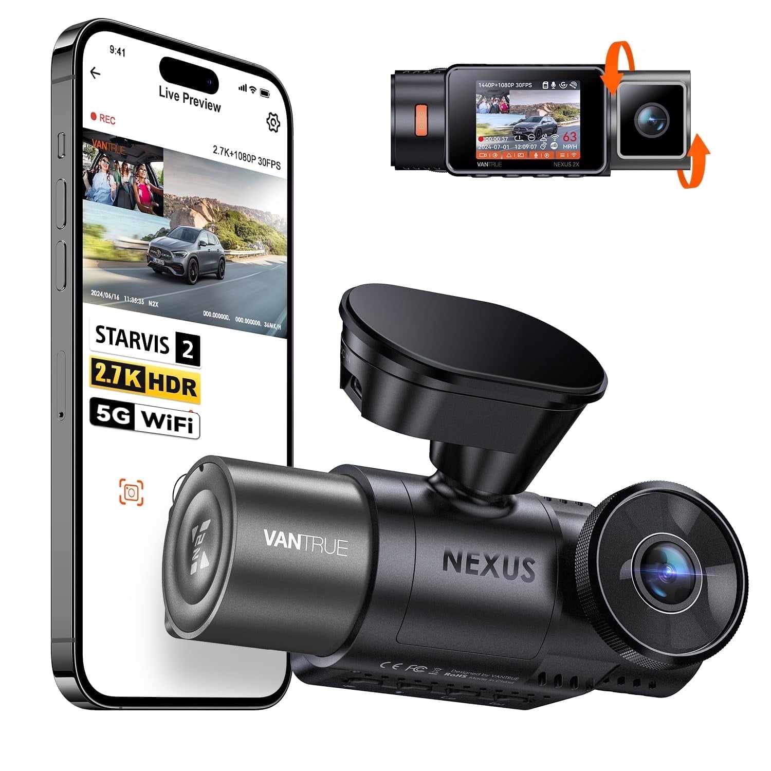 Vantrue Nexus 2X 2.7K Uber Dash Cam, 5G WiFi, HDR, IR Night Vision, STARVIS 2, GPS, 2.5K/60FPS, Parking Mode, Voice Control, Support 512GB Max