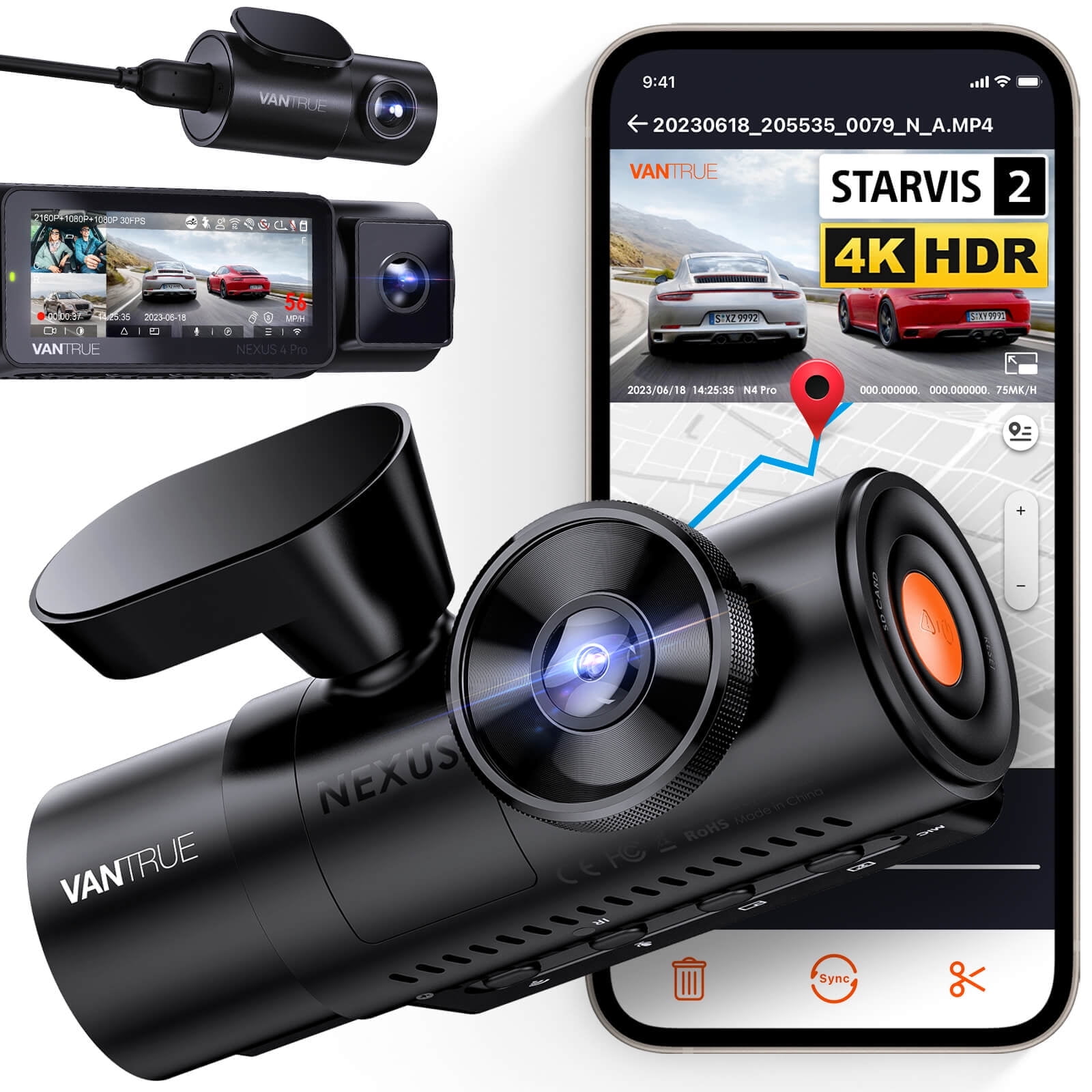 Walmart Deals of Vantrue Nexus 4  Pro 3 Channel 4K WiFi Dash Cam, STARVIS 2 IMX678 Night Vision, Voice Control, HDR, 24 Hours Parking Mode, Support 512GB Max