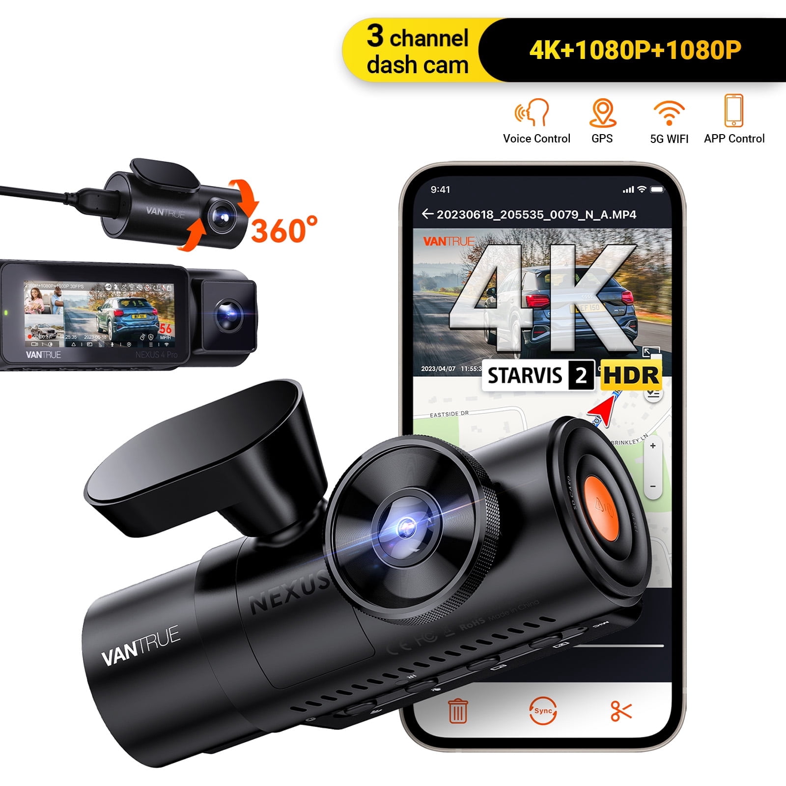 新品未使用 Vantrue Nexus 4S 前後3カメラ STARVIS 2 Vantrue Nexus 4 Pro 3-Channel 4K Dash Cam, WiFi, Night Vision