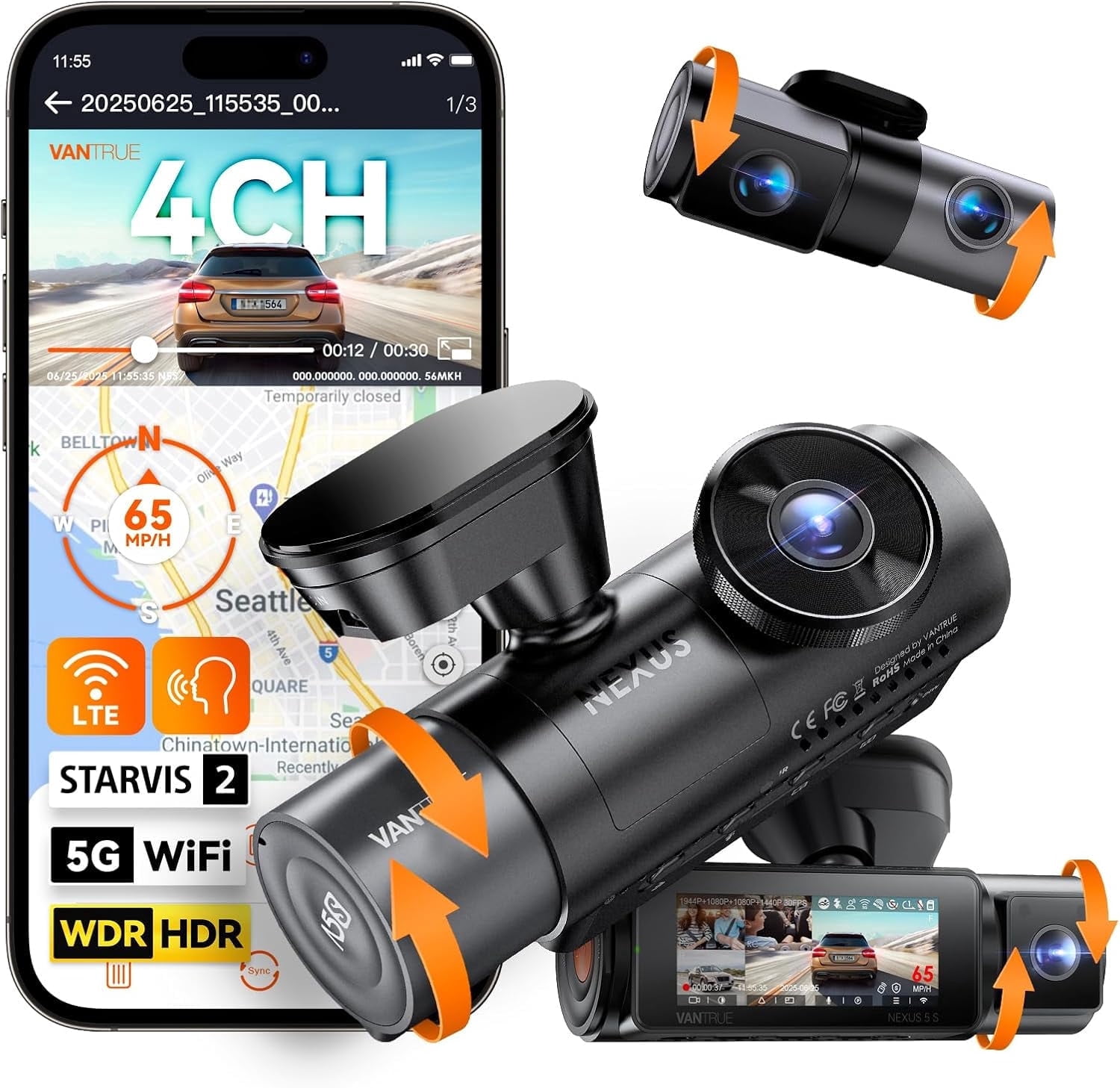 Vantrue Nexus 5 S | N5S | 360 Degree WiFi Dashcam GPS LTE Support