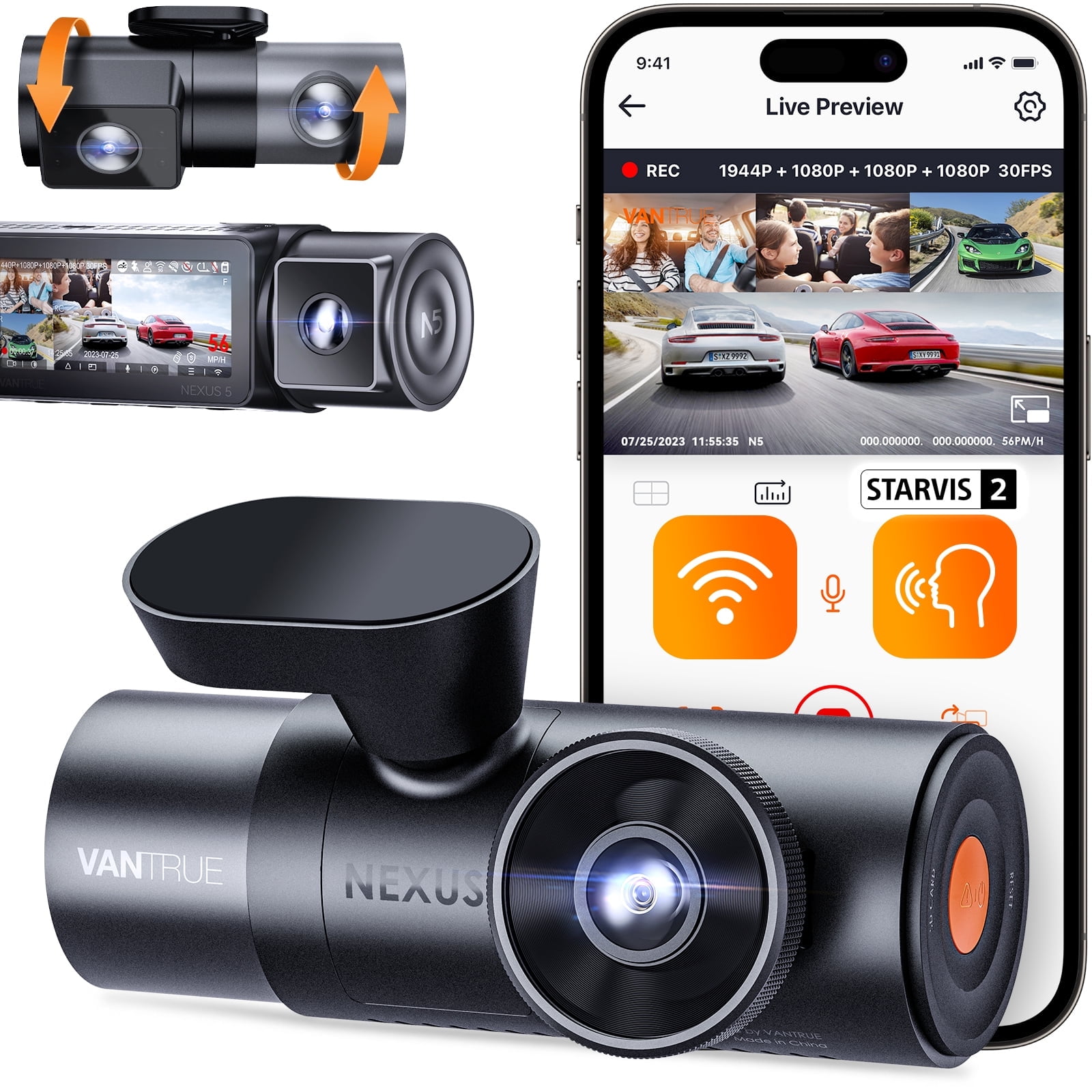 Action Cam 180° Rotation des Objectifs WiFi Caméra, 2.7K