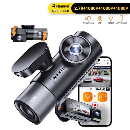 Vantrue 4 Channel WiFi Dash Cam, STARVIS 2 IR Night Vision, 2.7K+1080P*3 Front Rear Inside Dashcam, Voice Control, GPS, 24 Hours Buffered Parking Mode Dash Camera, Support 512GB Max
