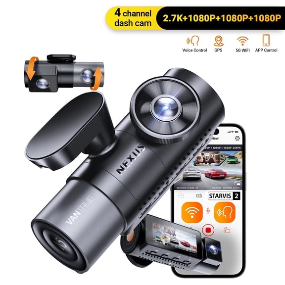Vantrue 4 Channel WiFi Dash Cam, STARVIS 2 IR Night Vision, 2.7K+1080P*3 Front Rear Inside Dashcam, Voice Control, GPS, 24 Hours Buffered Parking Mode Dash Camera, Support 512GB Max