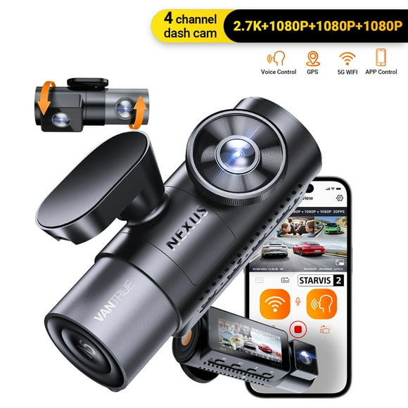 Vantrue Nexus 5 4 Channel WiFi Dash Cam, STARVIS 2 IR Night Vision, 2.7K+1080P*3 Front Rear Inside Dashcam, Voice Control, GPS, 24 Hours Buffered Parking Mode Dash Camera, Support 512GB Max