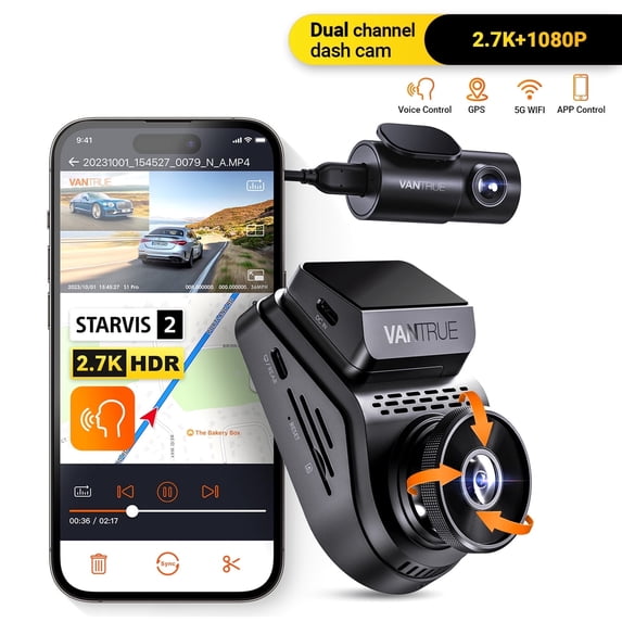 Vantrue 2.7K Dual Dash Cam, STARVIS 2 HDR, 1440P 60FPS, GPS, Voice Control, 24/7 Parking, 512GB Max
