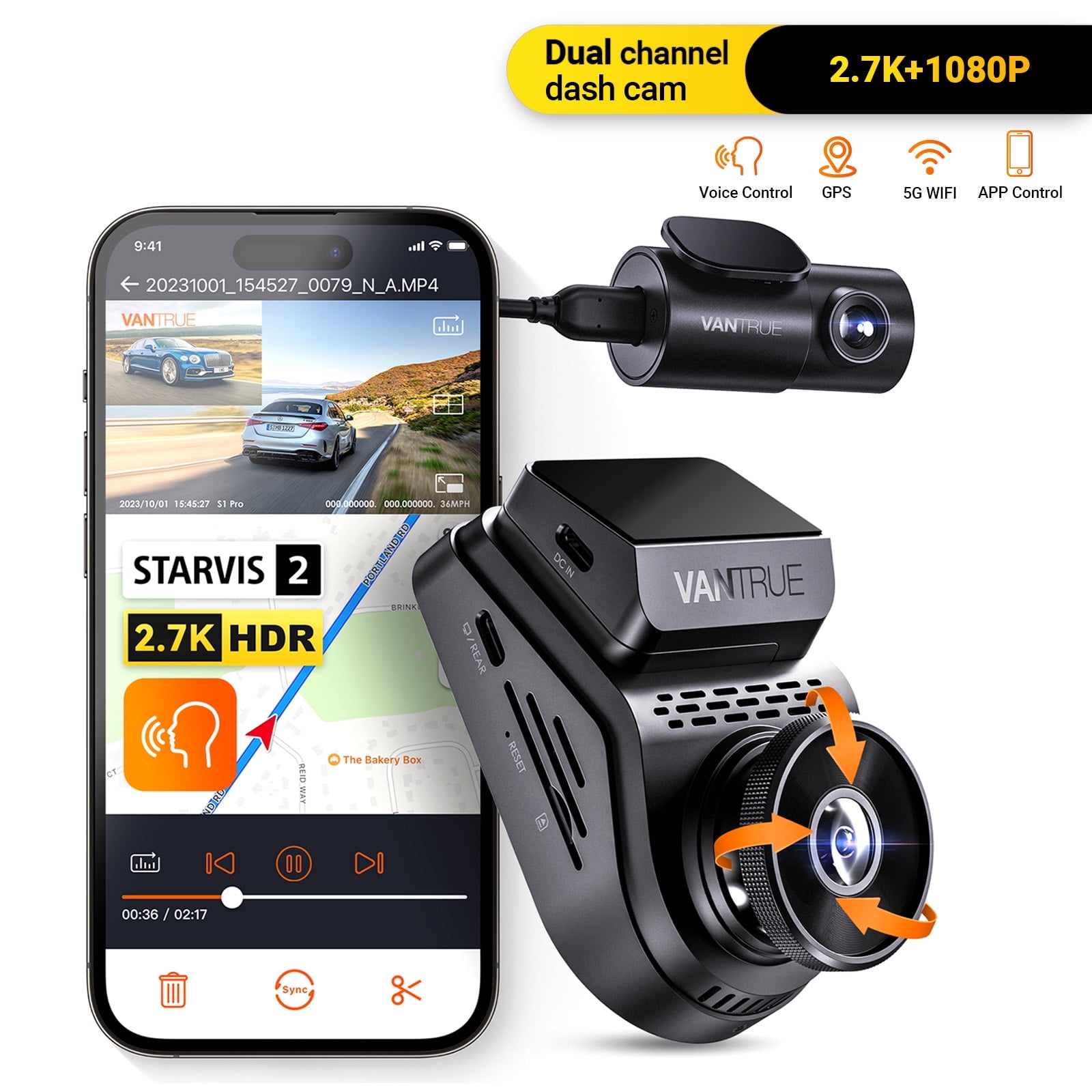 Vantrue S1 PRO 2.7K Dual Dash Cam, STARVIS 2 HDR, 1440P 60FPS, GPS, Voice Control, 24/7 Parking, 512GB Max
