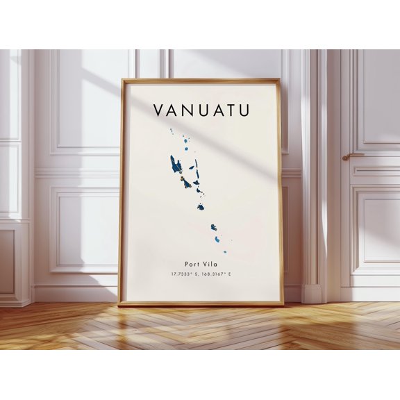 Vanuatu Map Poster Blue and Gold Oceania Wall Art Print Home Decor Geography Map Gift Wallpaper