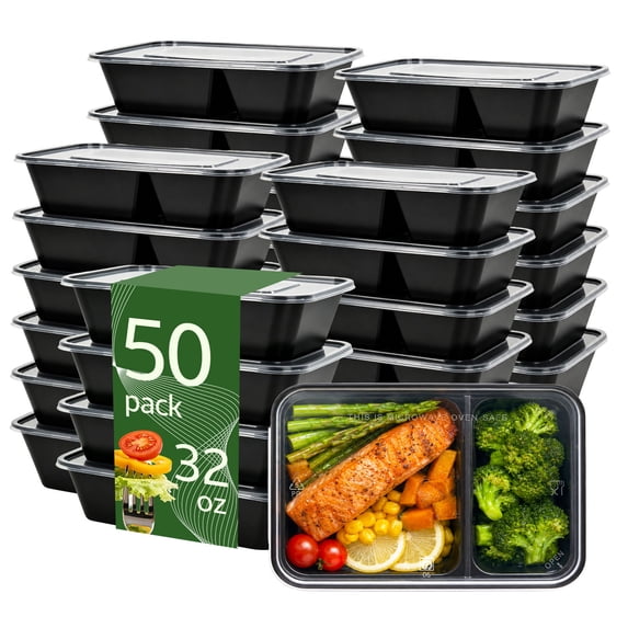Vaparinckl 50 Pack (100-Piece) Meal Prep Containers, Reusable Food Storage Containers with Lids, To Go Take Out Plastic Food Storage, Microwave Freezer Dishwasher Safe, 2 Compartment