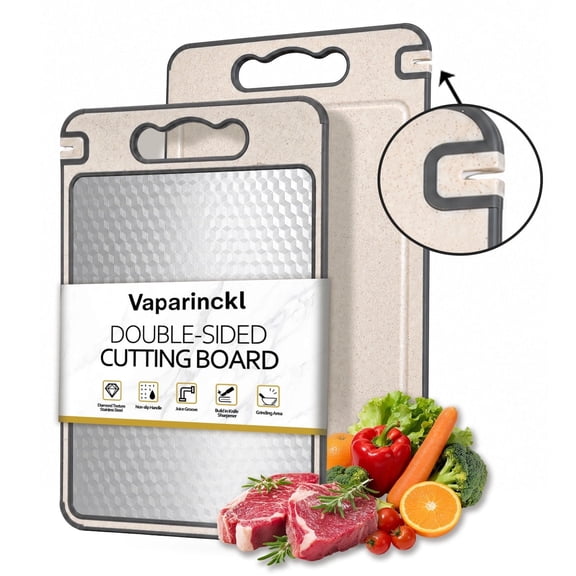 Vaparinckl Cutting Board for Kitchen, Double-Sided Cutting Board with Knife Sharpener, Stainless Steel Chopping Boards with Juice Groove, Non-Slip Feet, Dishwasher Safe