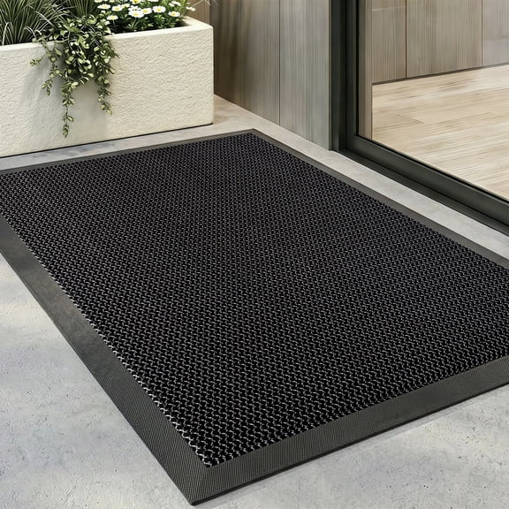 Vaparinckl Outdoor Mat, Non Slip 24"x35" Doormat, Springy Front Door Welcome Mat, Absorbent Rubber, Mesh Low Profile Dirt Trapper Indoor Rug For Entryway & Outside Entrance, Black