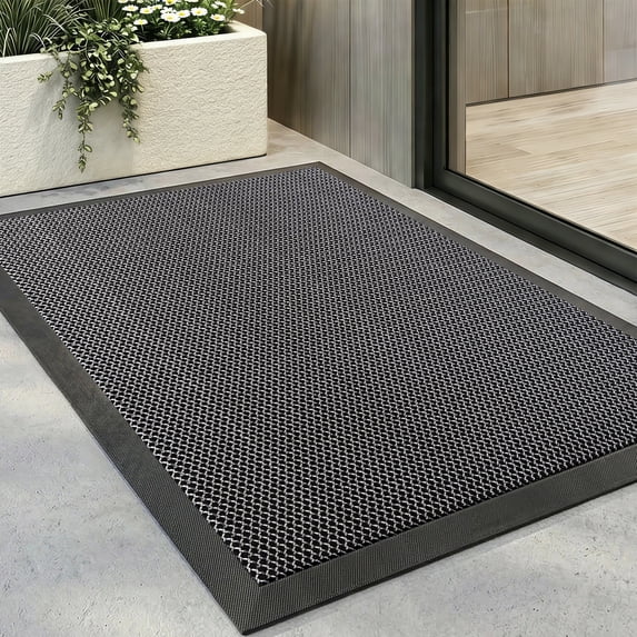 Vaparinckl Outdoor Mat, Non Slip 24"x35" Doormat, Springy Front Door Welcome Mat, Absorbent Rubber, Mesh Low Profile Dirt Trapper Indoor Rug For Entryway & Outside Entrance, Gray